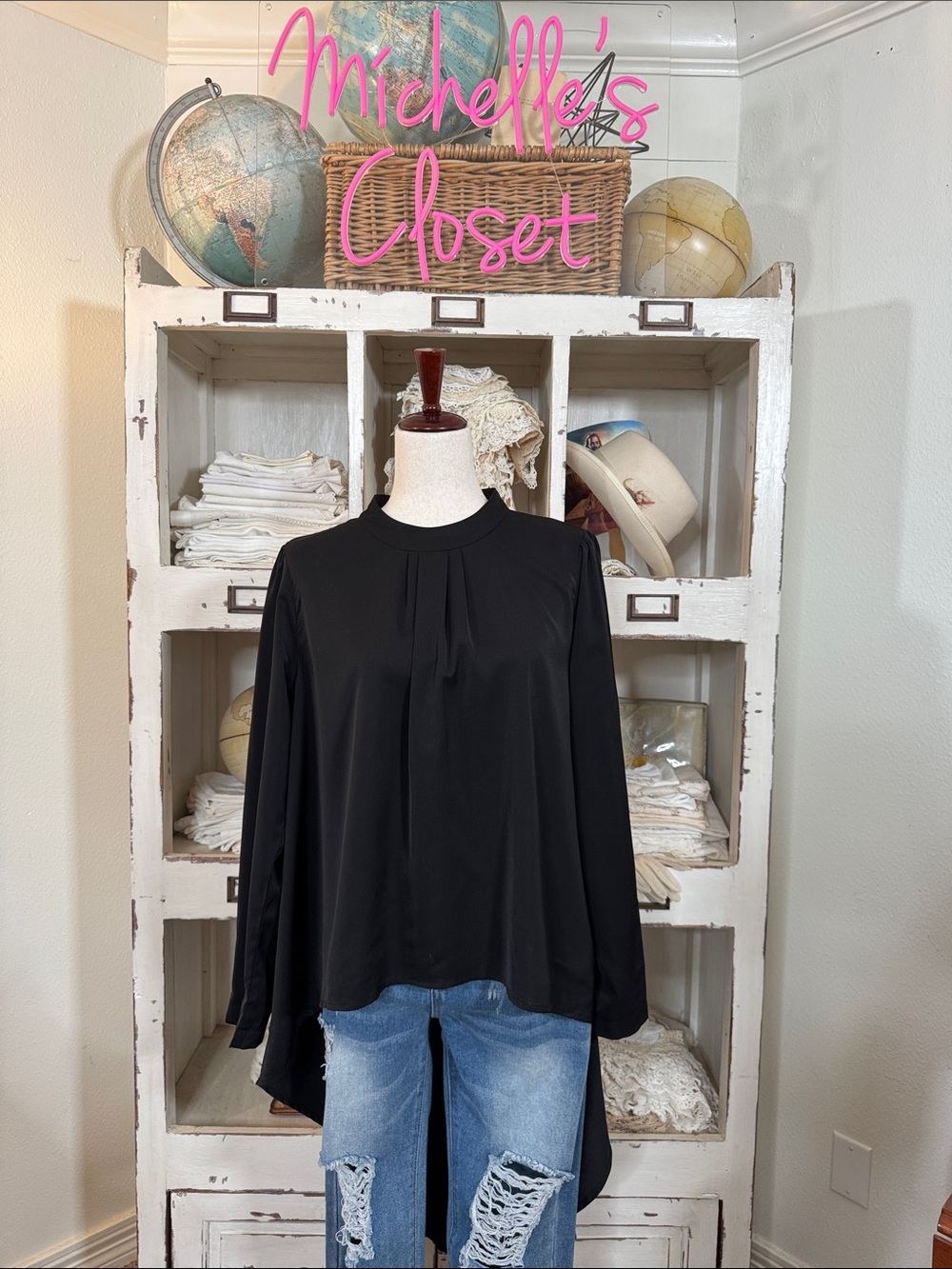 Elegant Black Women's Long-Sleeve High-Low Blouse